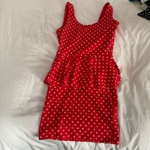 Red and yellow polkadot peplum dress